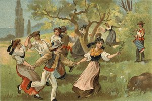 Oude gewoonte gevierd in de Provence-regio: de farandole voor zijderups oogstfeesten. Chromolithografie van het einde van de 19e eeuw. door Unknown artist