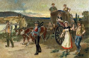 Oude gewoonte gevierd in de regio Bourgondië: Oogstfeest. De laatste oogst. Chromolithografie uit de late 19e eeuw.