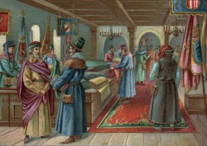 Oude winkelcentra: linnenhal in Brugge, België in de 15e eeuw. Chromolithografie van het einde van de 19e eeuw door Unknown artist