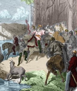 Aan de vooravond van de Slag bij Vouille (507) vindt Clovis I, na een hinde te hebben gevolgd, een geul in de Wenen onthuld door lelies. Hij draagt de bloem als een belofte van overwinning en neemt deze vervolgens als zijn embleem. Gravure in 