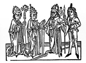 Links: de bisschop, de paus, de keizer en de edele ruiter. De belangrijkste vertegenwoordigers van de sociale klassen van de feodale tijd. Gravure uit 