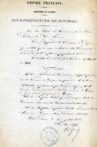 Bevel van de onderprefectuur van de Creuse (arrondissement Boussac) van 23 juli door Unknown artist