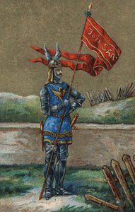 Oriflamme of banier van koning van Frankrijk Karel V (1364-1380). Chromolithografie uit de 19e eeuw.
