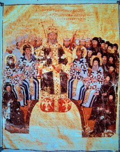 Orthodoxe religie: De Byzantijnse keizer Johannes VI Cantacuzene (1293-1354) die de Raad van Constantinopel voorzit op 18/05/1351 door Unknown artist