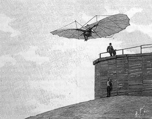 Otto Lilienthal (1848-1896), Duitse luchtvaartpionier, springend van zijn houten toren met zijn vliegende vliegtuig (van een momentopname). Gravure in 