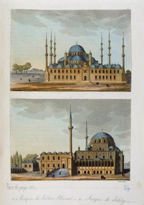 Ottomaanse Rijk: Blauwe Moskee (of Sultanahmet Camii) gebouwd door Sultan Ahmet (Ahmed) I en Moskee van Laleli in Istanbul - in "Het oude en moderne kostuum" door Ferrario, ed. Milaan