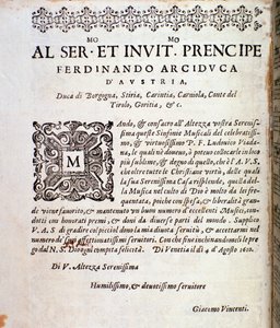 Opdrachtpagina aan Ferdinand van Oostenrijk in muzikale partituur van Sinfonie musicali door Ludovico Viadana door Unknown artist