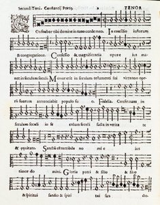 Pagina van muzikale partituur van Confitebor tibi domine psalm opgedragen aan Palestrina door Costanzo Porta door Unknown artist
