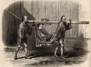 Palanquin in gebruik bij de mensen, open, de gebruiker legt zijn spullen op het dak voordat hij zich vestigt om zijn reis te maken. Gravure ter illustratie van de reis naar Japan in 1863-1864, door Aime Humbert, minister van de Zwitserse Confederatie, in 