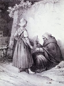 Handlijnkunde: een oude waarzegger leest de hand van een jong meisje (Gravure) door Unknown artist