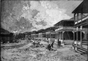 Panamakanaal. Straat van de nieuwe stad van Christoffel Columbus in Colon: arbeiderswoningen. Gravure in 