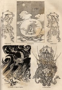 Pantheon van Japanse godheden, traditionele voorstelling van enkele typische figuren: de koningin van de hemel geflankeerd door twee bewakers; de Maki Tats, draak van de tyfoon en de baas van de wapens. Gravure ter illustratie van de reis naar Japan in 186 door Unknown artist