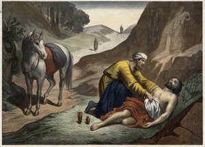 Parabel van de Barmhartige Samaritaan: de Samaritaan stopte onderweg om de stervende man te redden. Anonieme gravure uit het midden van de 19e eeuw.