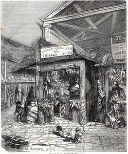 Parijs 3e arrondissement - Carre de la Foret-Noire: verkoop van leer en schoenen in Le Carreau du Temple in de 19e eeuw - Gravure in 