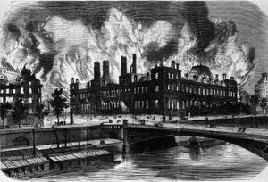 Parijs, de Commune. Brand van het stadhuis op 24 mei 1871. Gravure uit de 19e eeuw.