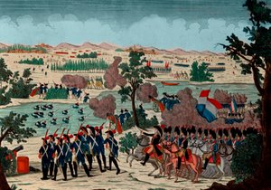 Oversteek van de Mincio op 11 Prairial jaar IV (20 december 1800) door de Franse grenadiers onder het oog van generaal Bonaparte - Gravure - 1800 - De Slag bij Pozzolo (ook bekend als de Slag bij de Mincio-rivier)