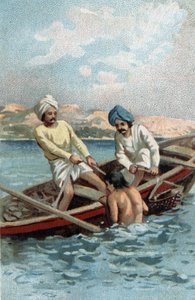 Parelmoeroester vissers in Ceylon. Chromolithografie van het einde van de 19e eeuw