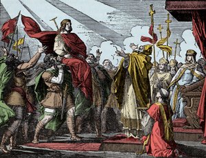 Pepijn uitgeroepen tot koning van de Franken - Sacre van Pepijn de Korte (714-768), Basiliek van Saint Denis, 28 juli 754: Paus Stefanus II kroonde hem tot koning van de Franken en Patricius van de Romeinen (Patricius Romanorum) door Unknown artist