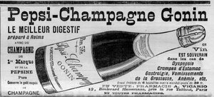 Pepsi Champagne Gonin (Pepsi-Champagne van het merk Gonin). Digestief bereid in Reims met champagne en Pepsine. Alcohol aanbevolen bij dyspepsie, maagkrampen, gastralgie, zwangerschapsbraken, bloedarmoede... (te koop in apotheken). Gravure in