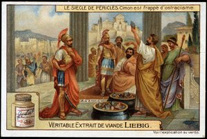 Pericles eeuw (495-429 v.Chr.): staatsman en strateeg Cimon (510-449 v.Chr.) wordt getroffen door ostracisme, in 461 v.Chr. - Liebig chromolithografie door Unknown artist