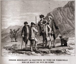 Perier meet de hoogte van de barometer (kwikbuis) door Evangelista Torricelli op de top van de Puy-de-Dôme op 20 september 1618 (gravure 19e eeuw, Bianchetti collectie) door Unknown artist