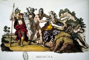 Perseus en de Medusa, een van de drie Gorgonen - in Dizionario mitologico door Unknown artist