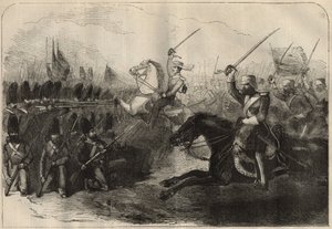 Perzisch-Anglo (Anglo-Perzische) Oorlog (1856-1857): de aanval van de 3e Britse Indo-cavalerie onder bevel van kapitein Forbes tijdens de Slag bij Koosh-Ab op 8 februari.