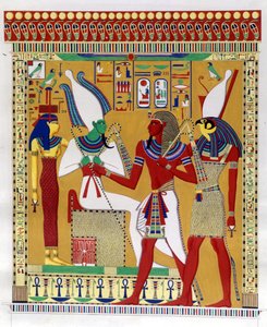 Farao Merenptah I (of Mineptah, Merneptah) (1213-1204 v.Chr.) geleid door Horus in de aanwezigheid van Osiris en Athyr infernaal. Van links: Athyr, Osiris, Merenptah I en Horus. (Biban-el-Moluk) - in “Monumenten van Egypte en Boven-Nubië” door Ippolito Ros door Unknown artist