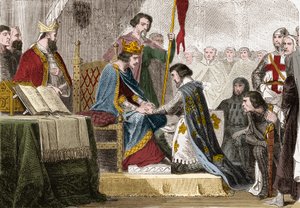 Filips IV de Schone (1268 - 1314), koning van Frankrijk gaf zijn dochter Isabelle van Frankrijk (1295-1358) in 1308 in huwelijk aan de zoon van koning Edward II van Engeland (1284-1327). Gravure in 