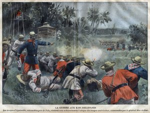 Filipijns-Amerikaanse Oorlog - Troepen van Emilio Aguinaldo, afgesneden bij Polo, verzetten zich hevig tegen de aanval van Amerikaanse troepen onder bevel van generaal Mac-Arthur - gravure in 