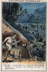Pierre Savorgnan de Brazza (1852-1905), Franse ontdekkingsreiziger, aan de oevers van de Congo. Een nachtelijke aanval op het kamp.