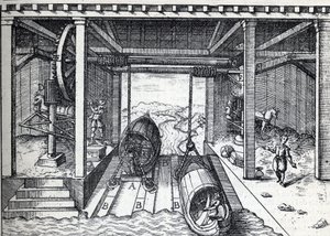 Hellend vlak voor boten in de 16e eeuw op de lagunes van de Brenta (rivier) in Noord-Italië. Gravure in 