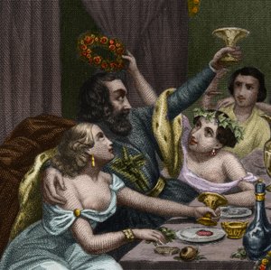 Paus Alexander VI (1431-1503) (Alessandro, Rodrigo Borgia) viert het huwelijk van zijn dochter Lucrece Borgia (Lucrezia) met 50 courtisanes in het Vaticaan. Gravure uit 1842 in Histoire des popes: crimes, murders, poisonings, parrici. door Unknown artist