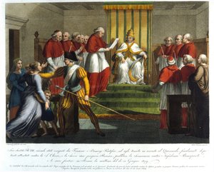 Paus Pius VII (1742 - 1823) excommuniceerde Napoleon Bonaparte op 10 juni 1809. Gravure uit de 19e eeuw door Unknown artist