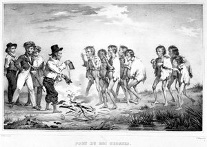 Haven van King George, Nieuw-Holland: Een inboorling toont zijn metgezellen de geschenken die hij ontving aan de rand van de Australabe door Unknown artist