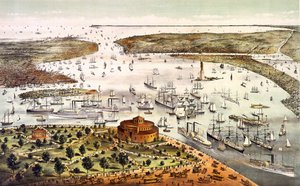 Haven van New York; luchtzicht. Gravure ca. 1892.