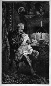 Portret van Victor Hugo, zittend met kleindochter Jeanne - gravure uit 