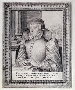 Portret van Catherine de Medicis (1519-1589), koningin van Frankrijk. Gravure uit de 16e eeuw. Pau, Musee Du Chateau door Unknown artist
