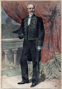 Portret van graaf Albert de Mun (1841-1914), een Franse politicus, essayist en militair, bij zijn intrede in de Academie Francaise op 10 maart 1898. Illustratie in 