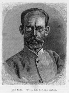 Portret van Emin Pasha (Isaak Eduard Schnitzer 1840-1892), dokter, natuuronderzoeker, ontdekkingsreiziger en gouverneur van de Egyptische provincie Equatoria. Gravure, ter illustratie van het verhaal Dans les shadbres de l
