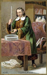 Portret van Evangelista Torricelli (1608 - 1647), Italiaanse natuurkundige met zijn uitvinding de barometer (kwikbuis). Chromolithografie van de 19e eeuw door Unknown artist
