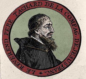 Portret van pater Guy Tachard, een missionaris in Siam in 1685. Gravure uit een atlas van de 17e eeuw