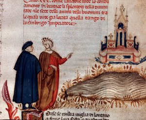 Portret van de Italiaanse dichter Dante Alighieri met Vergilius kijkend naar de troon van Hendrik VII (canto 20 van het Paradijs, in de Goddelijke Komedie) - miniatuur door Unknown artist