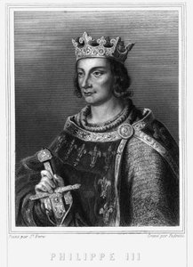 Portret van Filips III van Frankrijk, bekend als Filips de Stoute (1245-1285) (Capetingische dynastie). Filips III, Koning van Frankrijk. Filips III de Stoute (1245-1285) - in "Histoire des Français" door Lavallée, gravure, sd.
