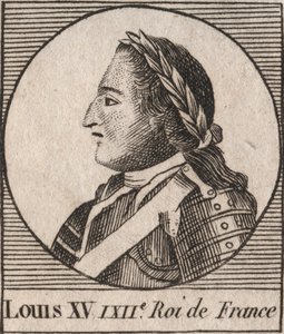 Portret van Lodewijk XV (1710-1774) genaamd de Geliefde, koning van Frankrijk 1715 tot 1774 - Lodewijk XV, bekend als Lodewijk de Geliefde, koning van Frankrijk - gravure uit 