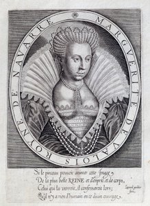 Portret van Marguerite de Valois (1553-1615) bekend als Koningin Margot. Gravure uit de 16e eeuw. Pau, Musee Du Chateau