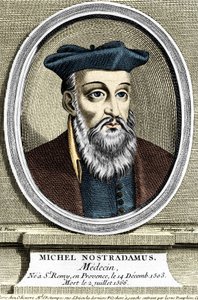 Portret van Michel Nostradamus, arts en astroloog, geboren in Saint-Remy-de-Provence op 14/12/1503 en overleden op 02/07/1566. Gravure uit de 17e eeuw.