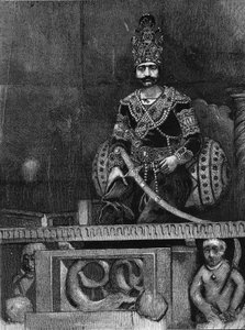 Portret van Nasir Al-Din, sjah van Perzië op zijn troon.
