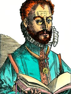 Portret van Orlandus Lassus (1531-1594) muzikant van de Frans-Belgische school met een open boek (witte pagina