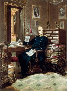 Portret van prins Otto von Bismarck (1815-1898), kanselier en Pruisische politicus, in zijn kantoor. Lithografie in kleur door Unknown artist